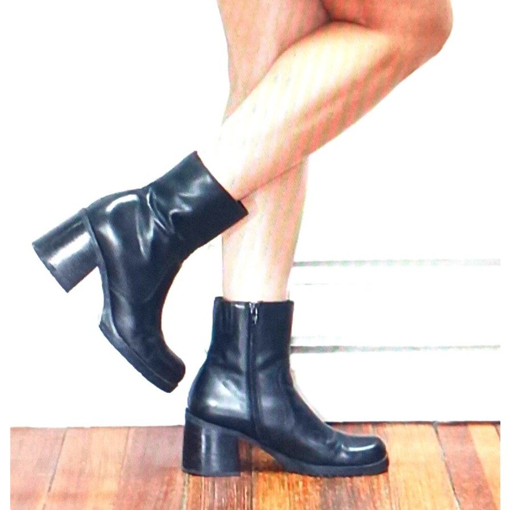 VTG Y2K Nine West Blk Leather Ankle Boot Square Toe Chunky Block Heel 8.5M